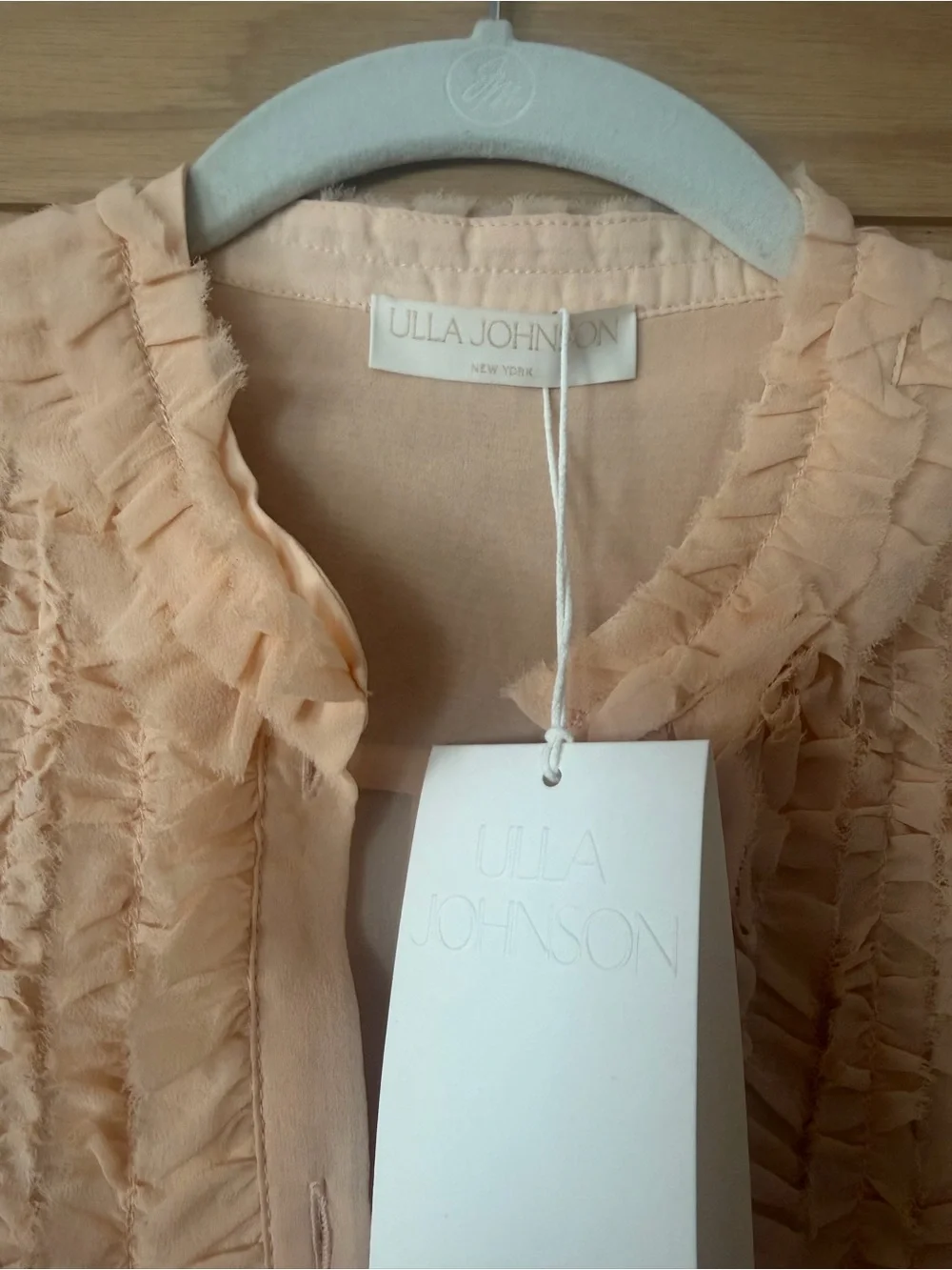 Ulla Johnson Adira Peach Ruffle Front Short Sleeve Silk Blouse NWT